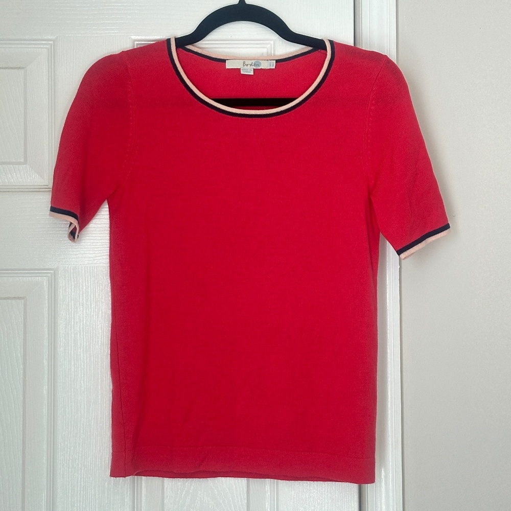 Excellent Boden Wool Knitted Short Sleeve Pullover Size 2 Pink Contrast Trim